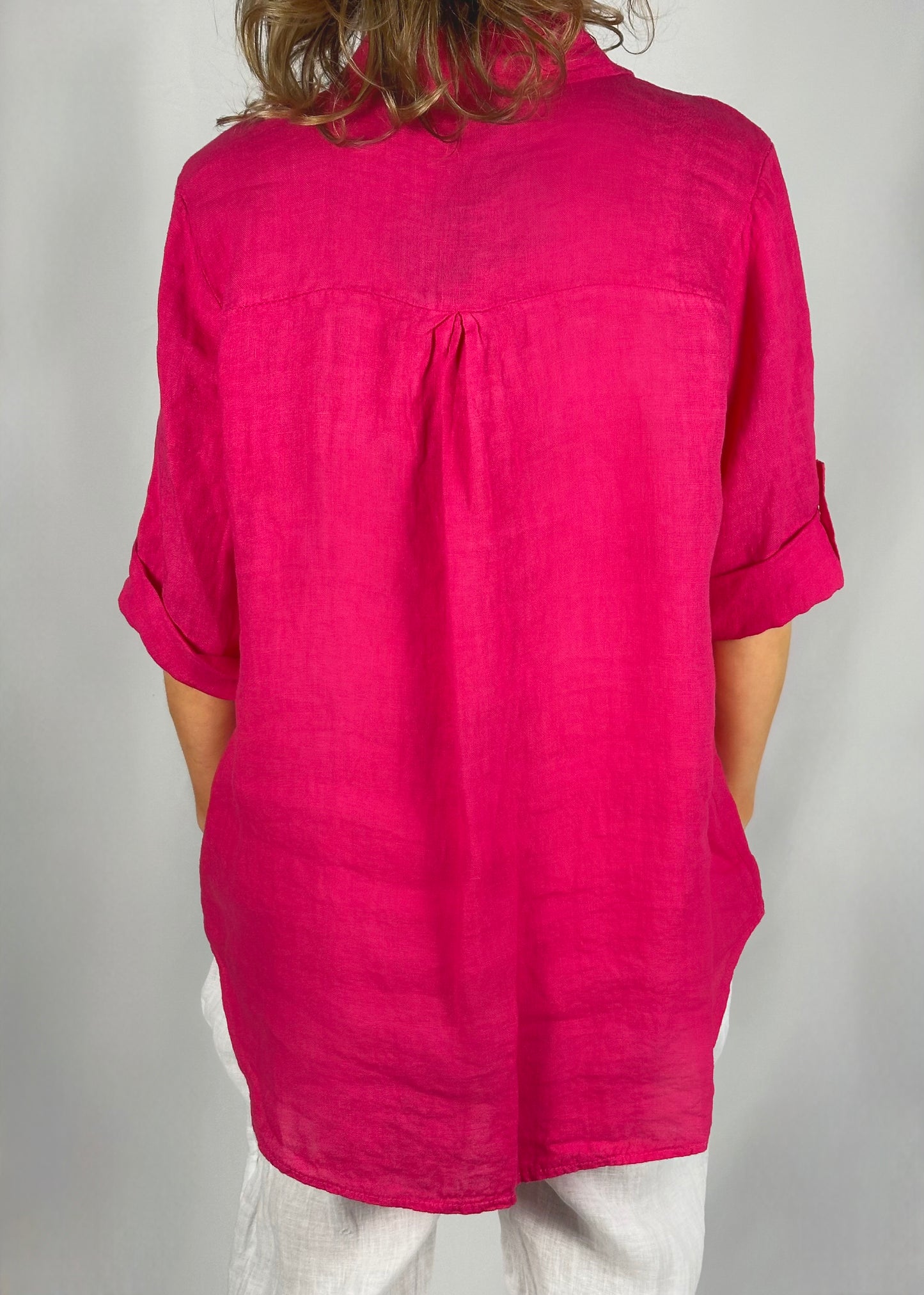 Camicione fucsia in lino con taschino