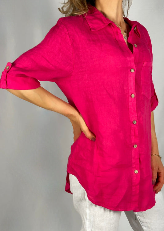 Camicione fucsia  in lino con taschino