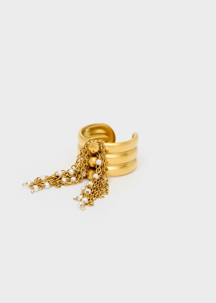 Anello double con frange e perle oro