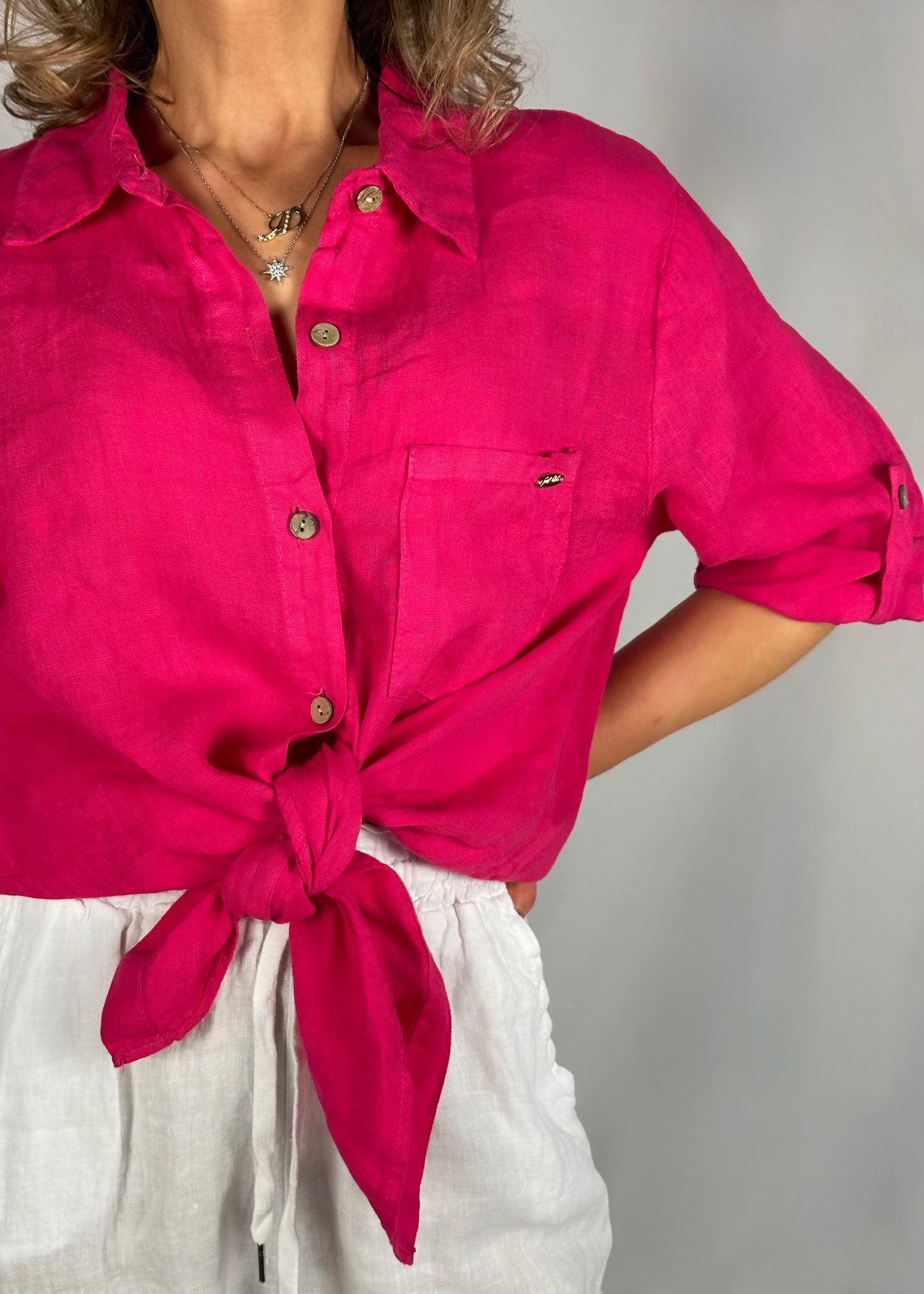 Camicione fucsia in lino con taschino