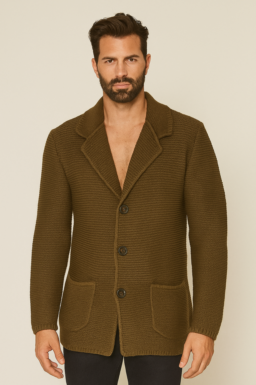 MADSON Cardigan Uomo Nero Pesante DU25266 | Colletto | Made In Italy