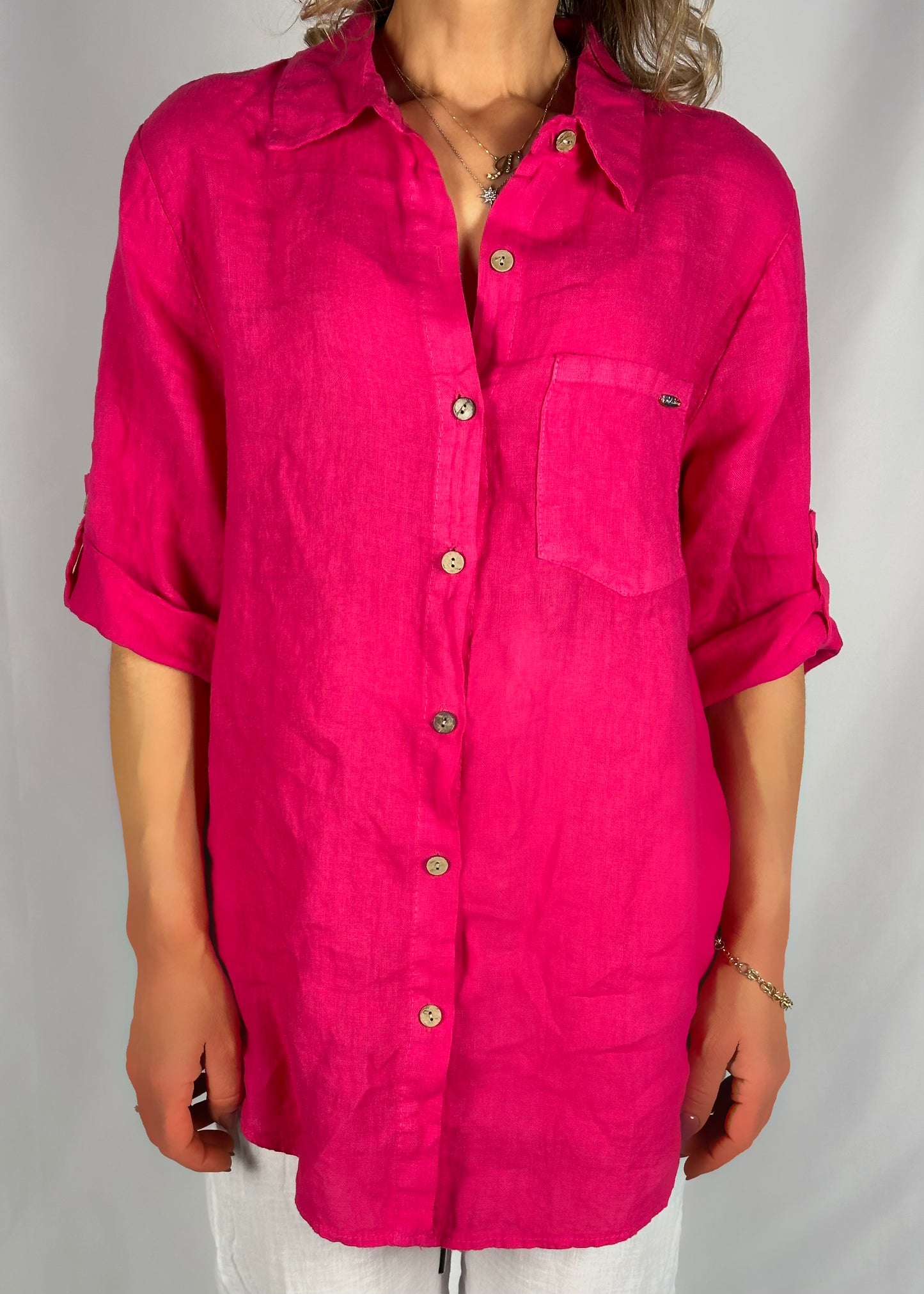 Camicione fucsia in lino con taschino