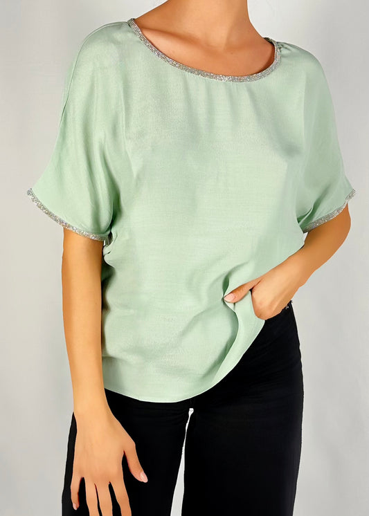 Blusa a maniche corte con rifiniture brillanti drultok verde polvere