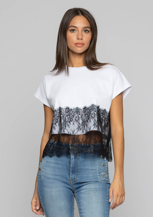 T-shirt con effetto doppiato in pizzo bemnac