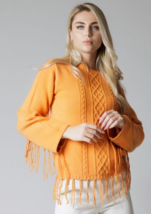 Pullover con frange e treccie albicocca