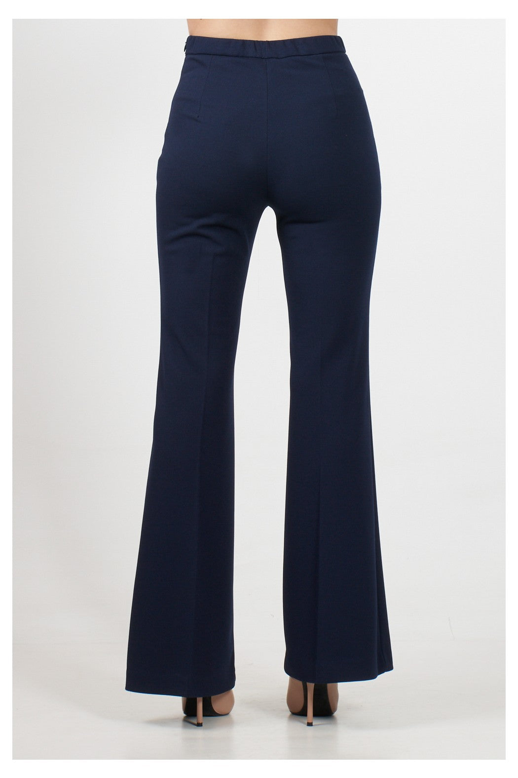 Pantaloni blu a zampa con raso in vita