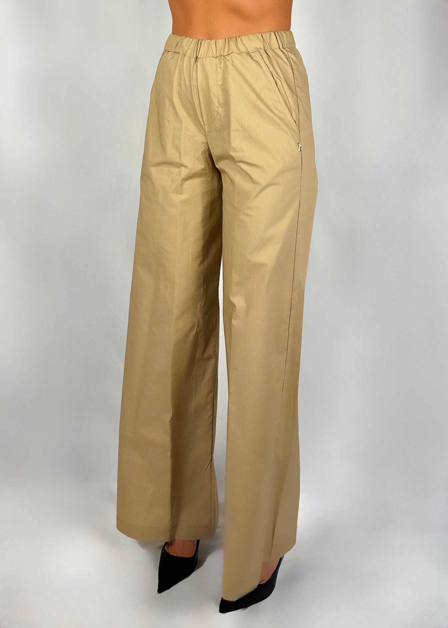 Pantalone wide leg con tasche e vita elasticizzata enareth beige
