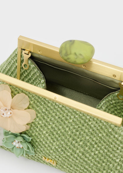 Pochette malaga in paglia con fiori verdi