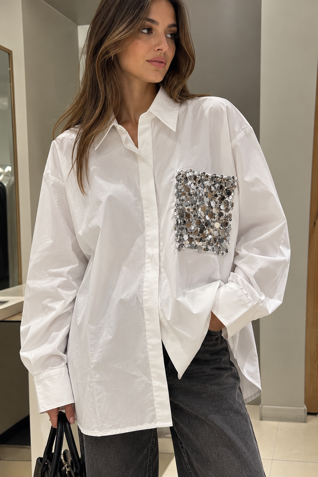 CAMICIA CON TASCA PAILLETTES BIANCO