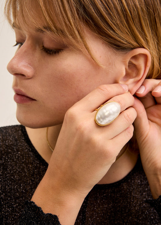 Anello ovale acciaio inossidabile oro perla
