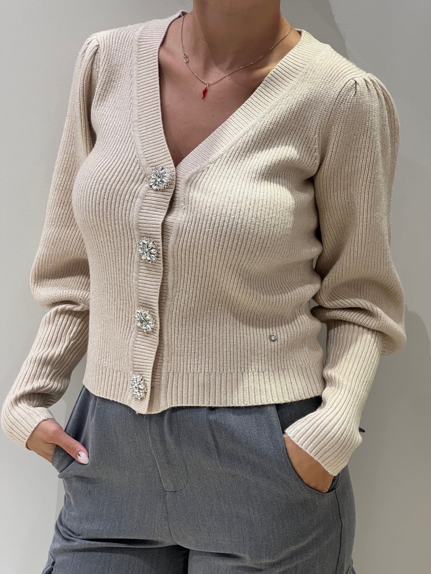 Cardigan lurex scollo v manica sbuffo