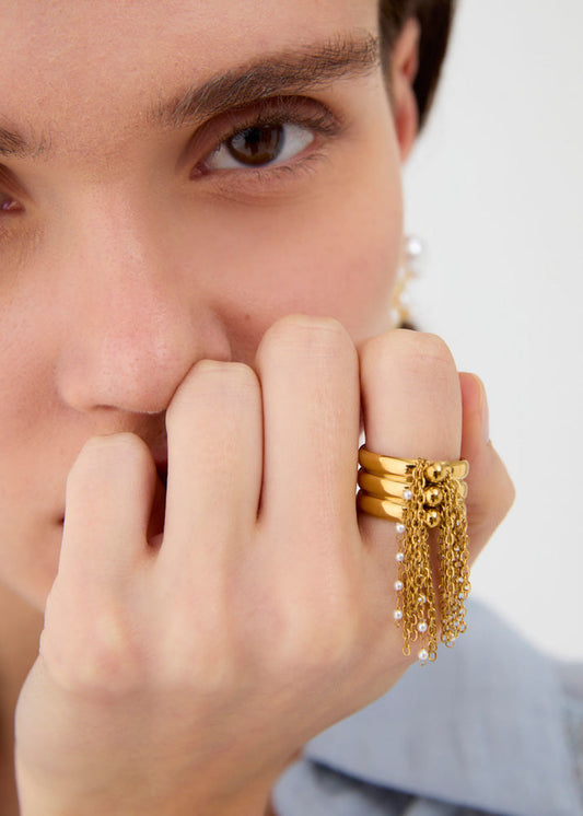 Anello double con frange e perle oro