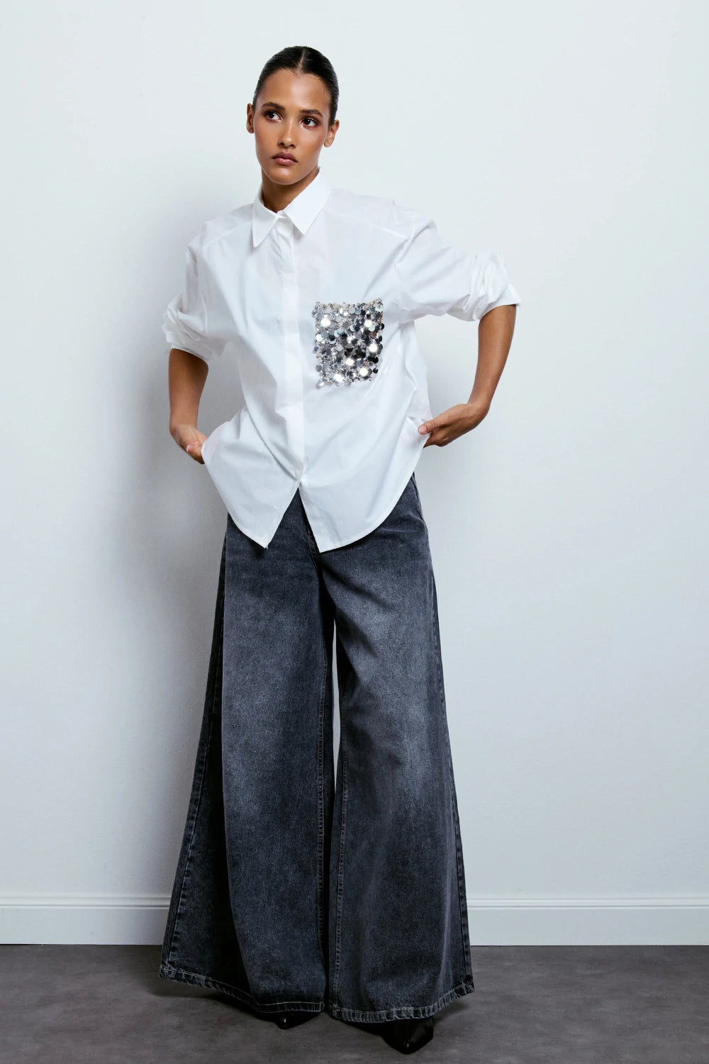 JEANS WIDE LEG BLACK DENIM