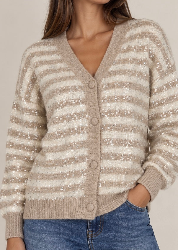 CARDIGAN BICOLORE CON RIGHE E PAILLETTES