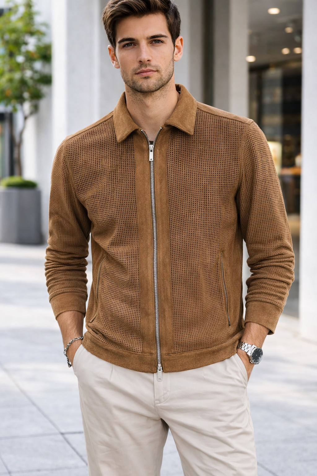 Overschirt traforata effetto scamosciata