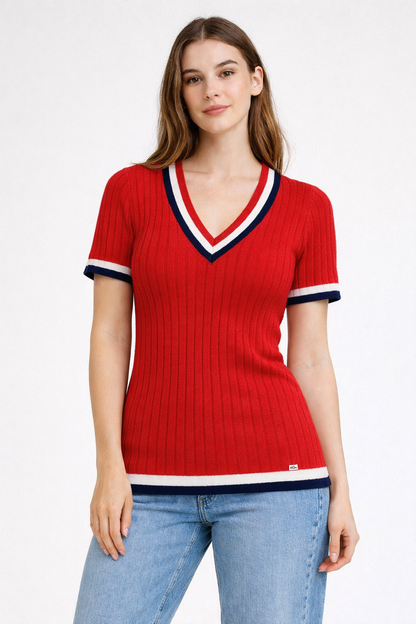 Maglia scollo v con contrasti