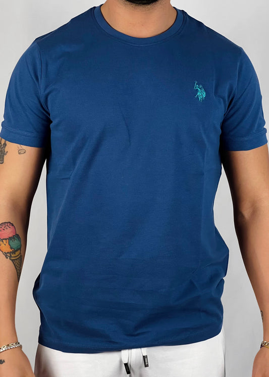 T-shirt bren blu avio con logo azzurro nido d'ape