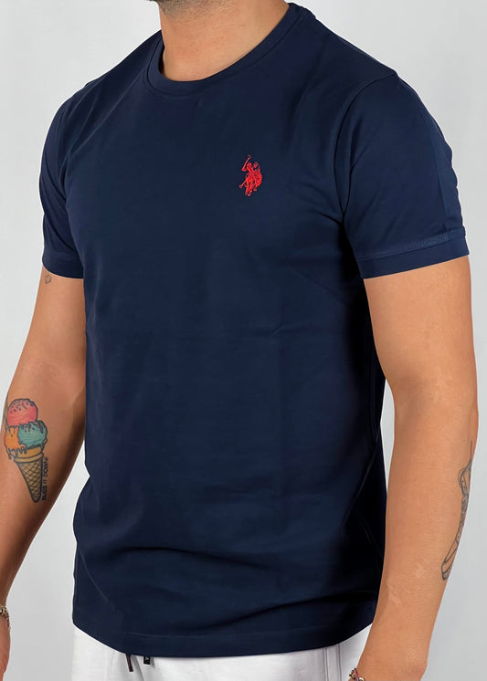 T-shirt bren blu con logo rosso nido d'ape
