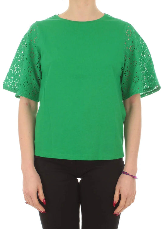 T-shirt net verde smeraldo con sangallo