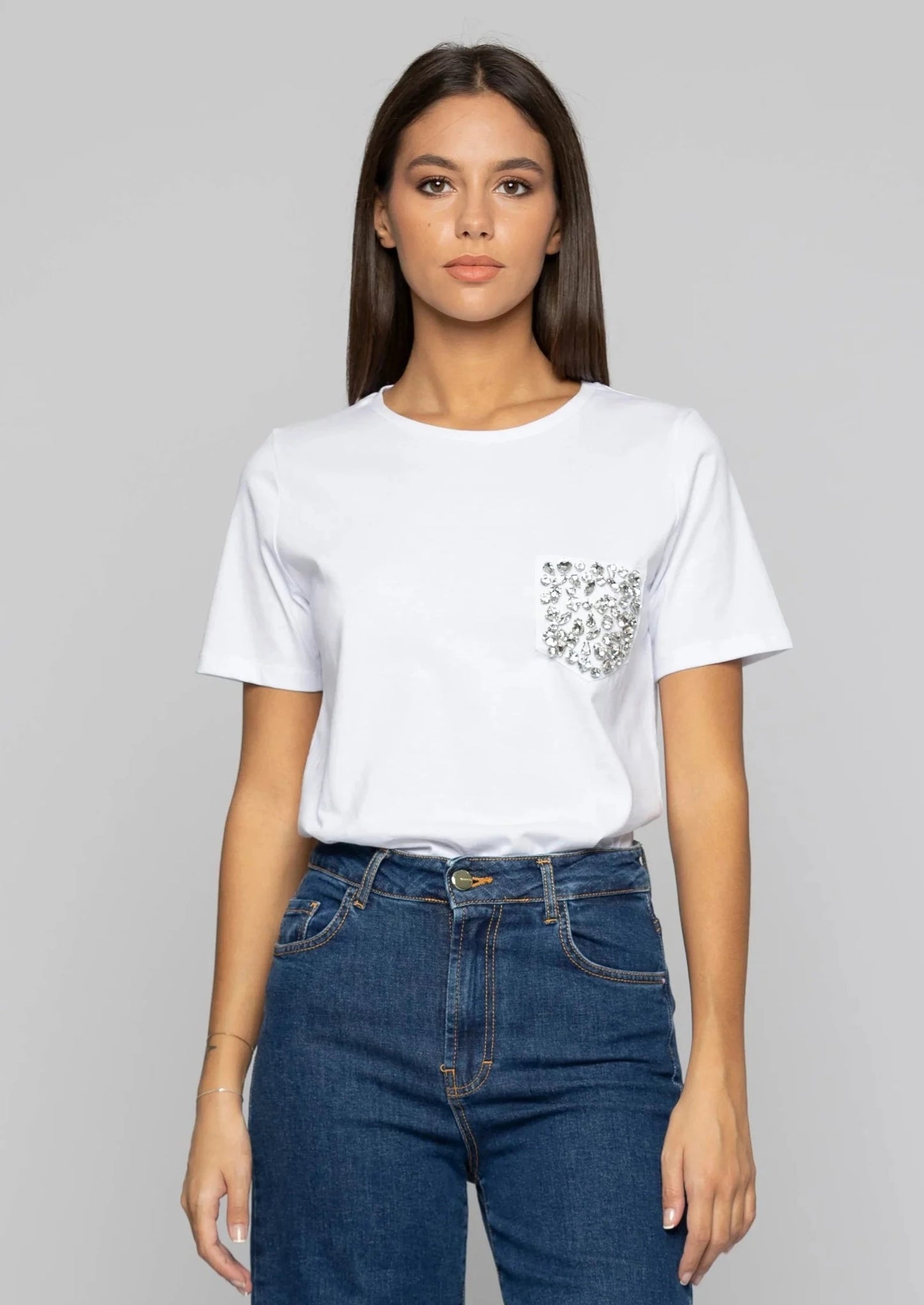 T-shirt in cotone con applicazione in strass leopolda