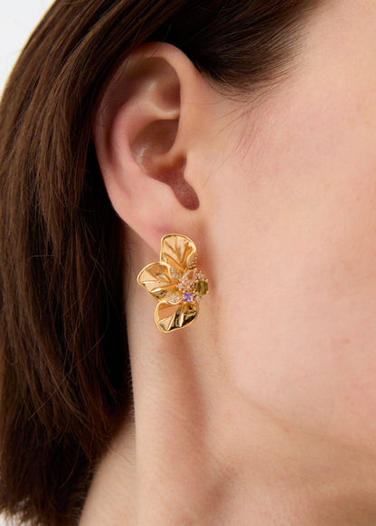 Orecchini half flowers con pietre oro