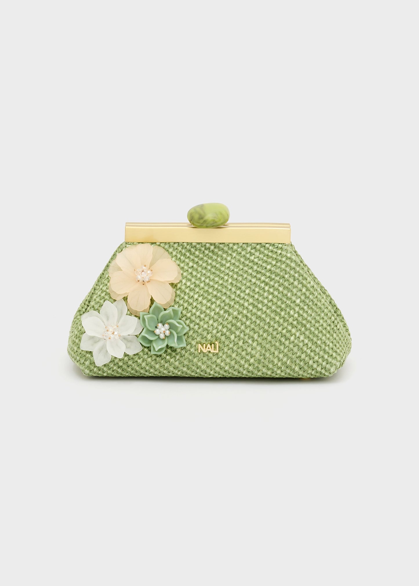 Pochette malaga in paglia con fiori verdi